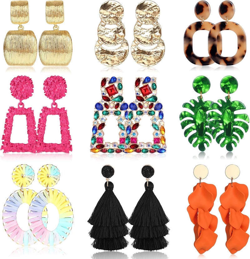 JeryWe 9 Pairs Clip on Earrings for Women Fashion Rattan Acrylic Tassel Drop Dangle Earrings Set Lightweight Geometric Statement Bohemian Clip Earrings for Non Piercied - Image 1